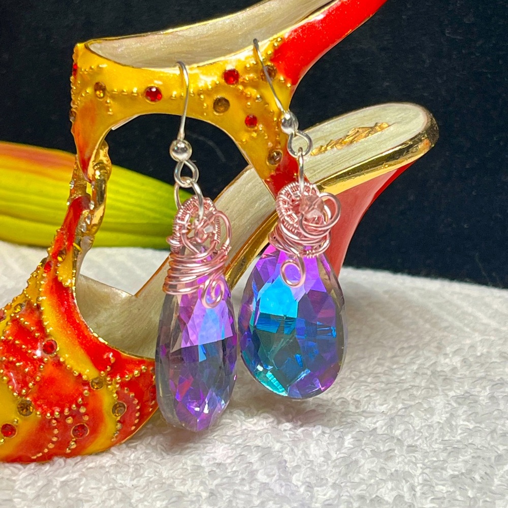 Titanium crystal wire wrapped and pink copper earrings-artisan